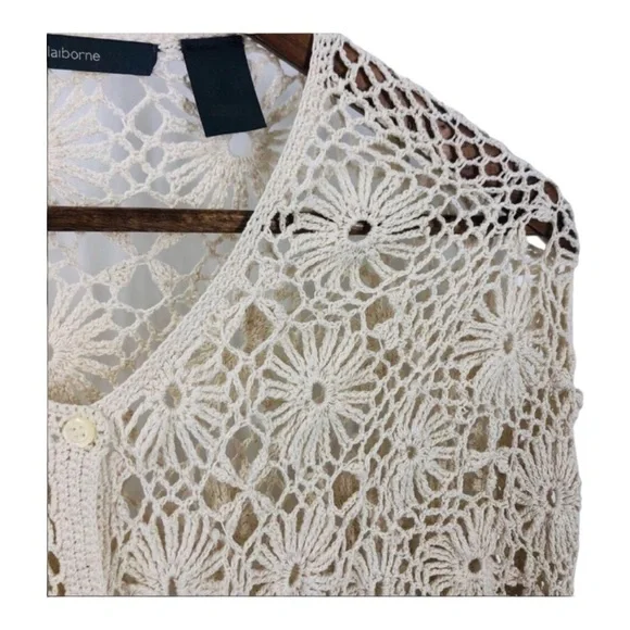 Liz CLAIBORNE Vintage Silk Off White Open Crochet Knit Cardigan Sweater Large - Picture 4 of 8